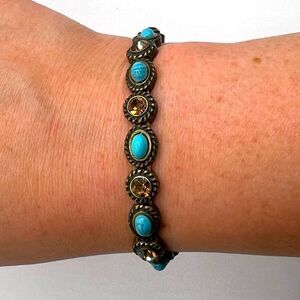 Silver tone, faux turquoise and rhinestone beaded bracelet